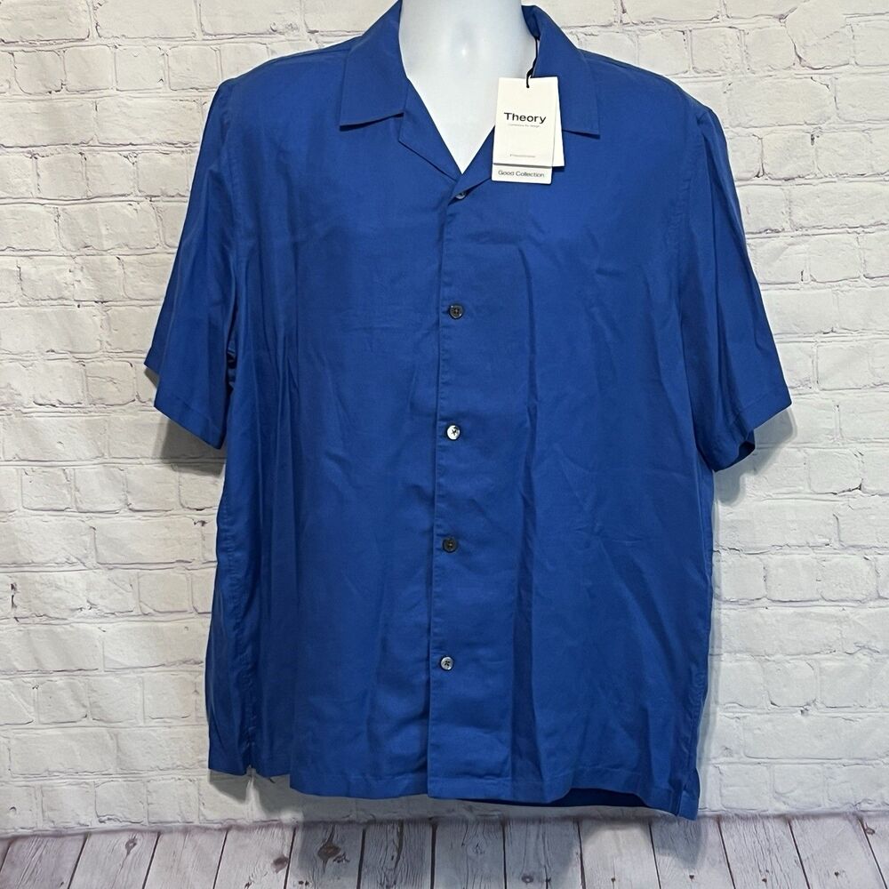 Theory Mens Noll Tencel Flow Twill Button Up Shirt Sail Blue XL Short Sleeve